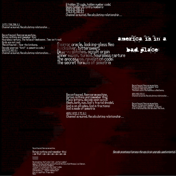 Schizoid occult pseudo-code against a background of dark red static and illegible, vaguely menacing text.